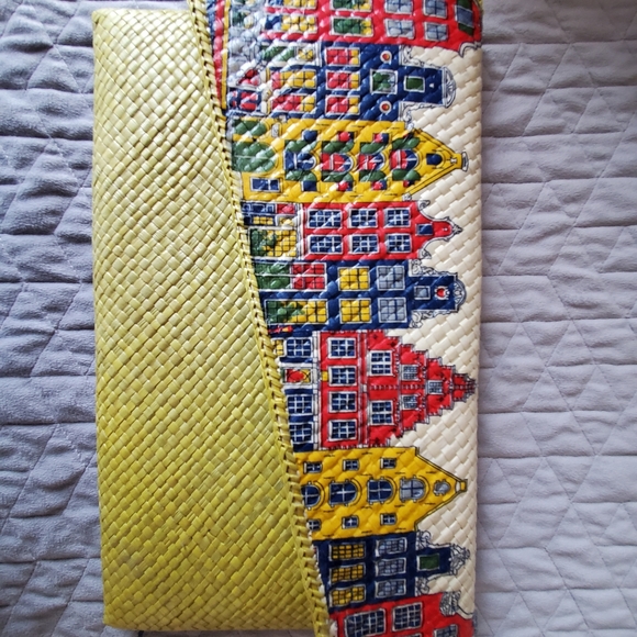 Vintage printed Straw Weave Clutch Bag Envelope -Flat Summer beach bag - Picture 2 of 5